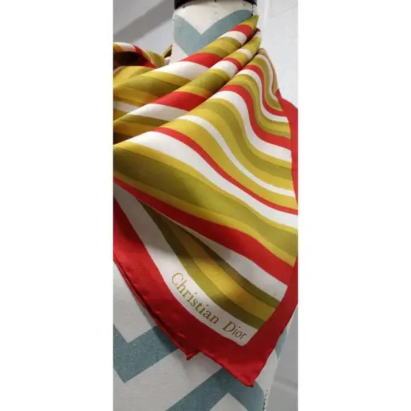 Vintage Dior Silk Scarf Striped Avocado Paris 1960s Designer Mid Century Mod 60s - Picture 2 of 16